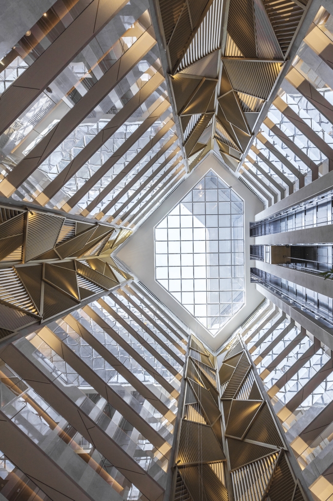 The atrium at the adjoining hotels