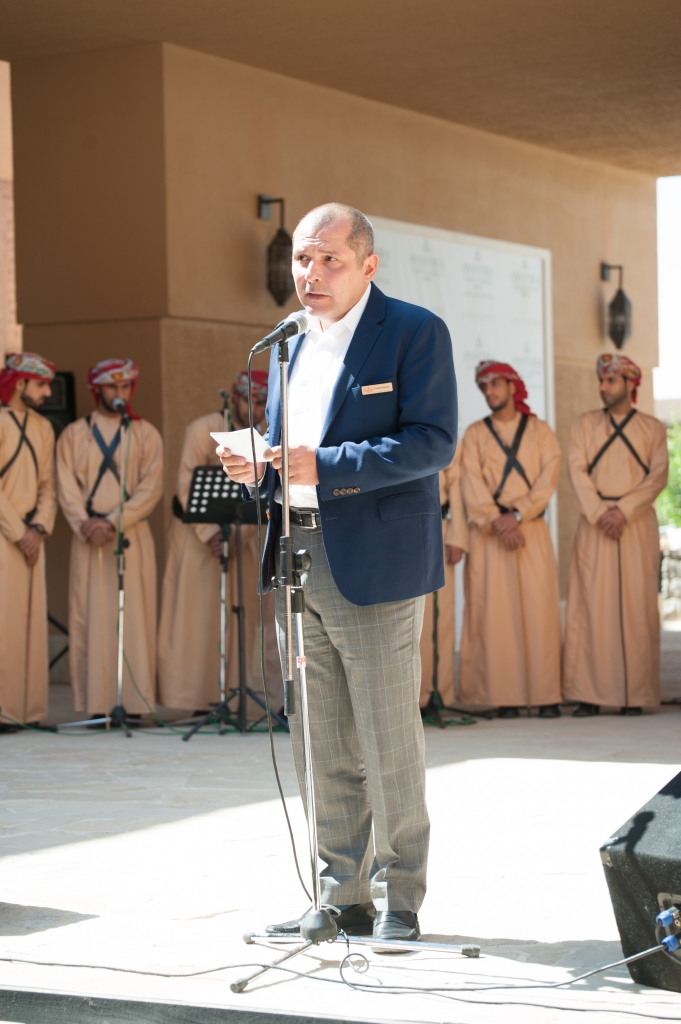 General manager Darren Darwin addresses staff and dignitaries at the first anniversary party